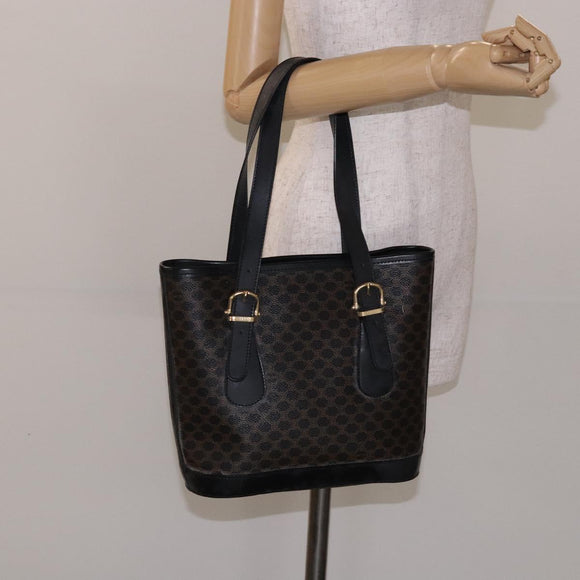 CELINE Macadam Canvas Tote Bag PVC Leather Black Gold Auth gh486