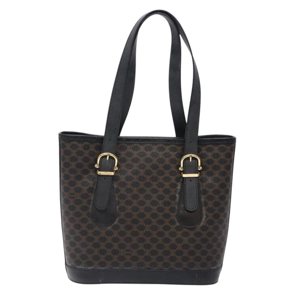 CELINE Macadam Canvas Tote Bag PVC Leather Black Gold Auth gh486