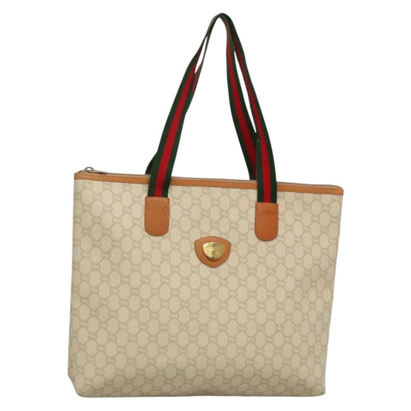 GUCCI GUCCI Plus Supreme Web Sherry Line Tote Bag PVC Cream Gold Auth gh487