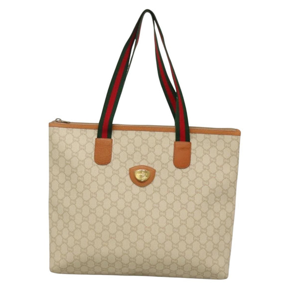 GUCCI GUCCI Plus Supreme Web Sherry Line Tote Bag PVC Cream Gold Auth gh487