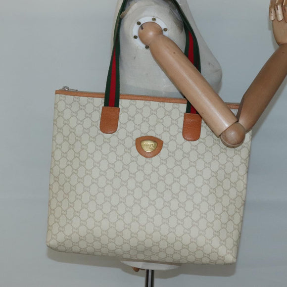 GUCCI GUCCI Plus Supreme Web Sherry Line Tote Bag PVC Cream Gold Auth gh487