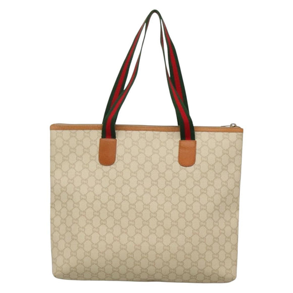 GUCCI GUCCI Plus Supreme Web Sherry Line Tote Bag PVC Cream Gold Auth gh487