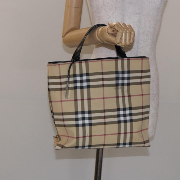 BURBERRY Nova Check Tote Bag PVC Beige Silver Auth gh491