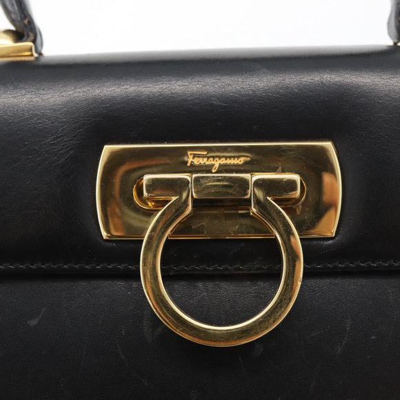 Salvatore Ferragamo Gancini Hand Bag Leather 2way Black Gold Auth gh504