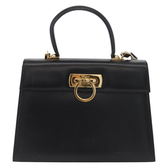 Salvatore Ferragamo Gancini Hand Bag Leather 2way Black Gold Auth gh504