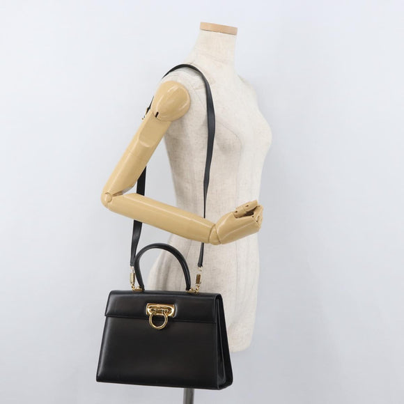 Salvatore Ferragamo Gancini Handtasche Leder 2-Wege Schwarz Gold Authentisch gh504