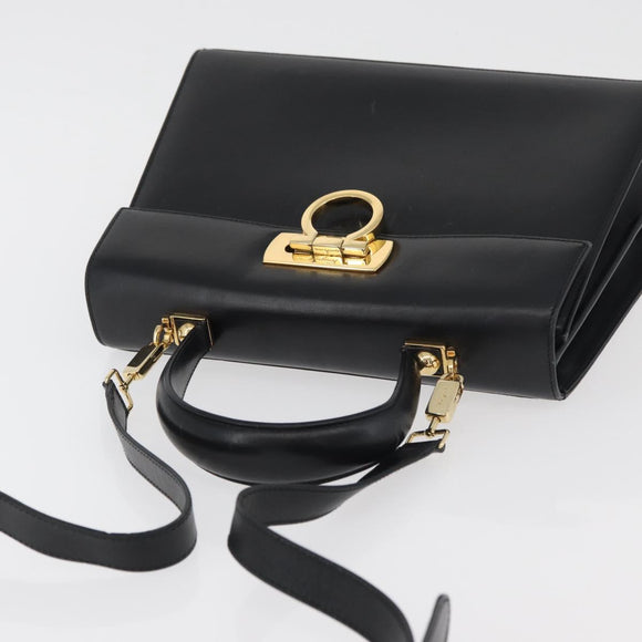 Salvatore Ferragamo Gancini Hand Bag Leather 2way Black Gold Auth gh504