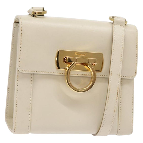 Salvatore Ferragamo Gancini Shoulder Bag Leather White Gold Auth gh505