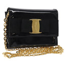 Salvatore Ferragamo Chain Shoulder Bag Enamel Black Gold Auth gh509-1