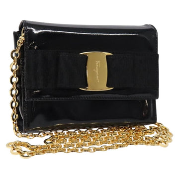 Salvatore Ferragamo Chain Shoulder Bag Enamel Black Gold Auth gh509