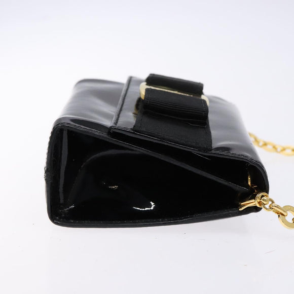 Salvatore Ferragamo Chain Shoulder Bag Enamel Black Gold Auth gh509