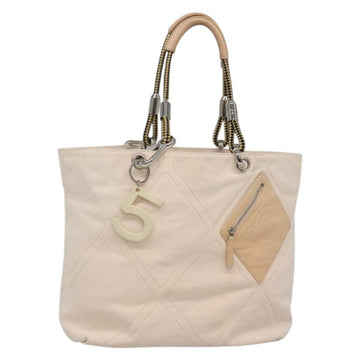 CHANEL COCO Mark Tote Bag No.5 Canvas White Silver CC Auth gh524