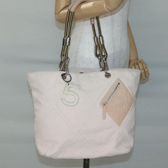 CHANEL COCO Mark Tote Bag No.5 Canvas White Silver CC Auth gh524
