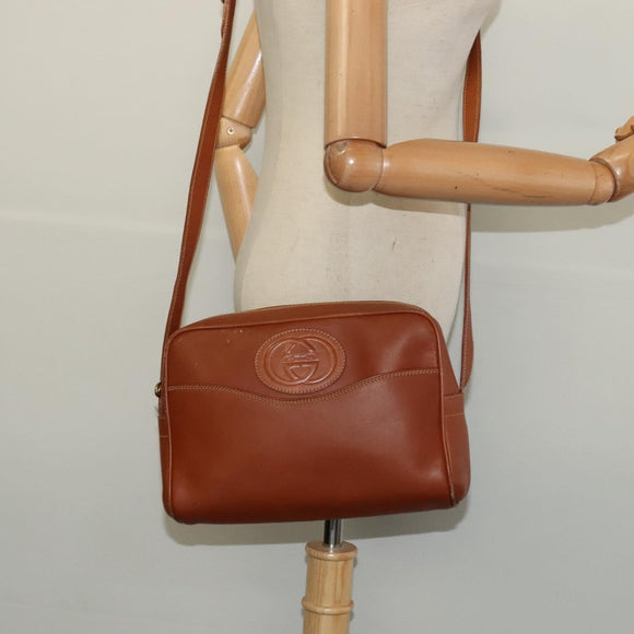 GUCCI Shoulder Bag Leather Brown Gold Auth gh539