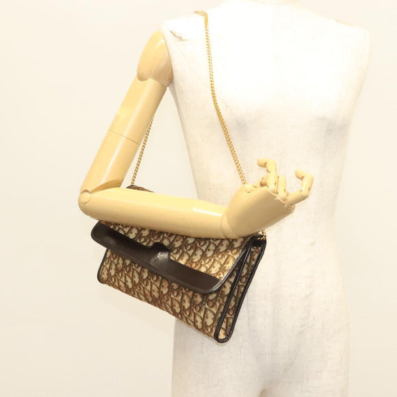 Christian Dior Trotter Canvas Chain Shoulder Bag Brown Gold Auth gh553