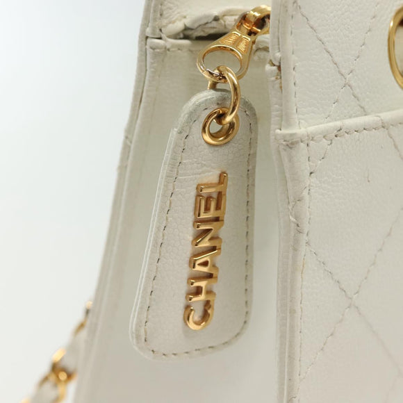 CHANEL Matelasse Chain Shoulder Bag Caviar Skin White Gold CC Auth gh580