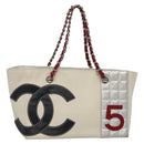 CHANEL Choco Bar Chain Tote Bag No5 Canvas White Silver CC Auth gh581-1
