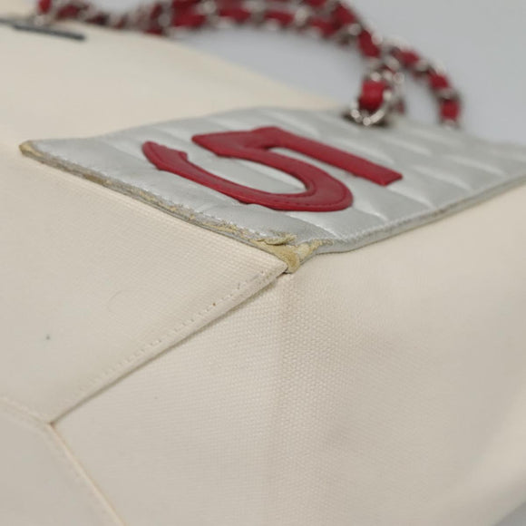 CHANEL Choco Bar Chain Tote Bag No5 Canvas White Silver CC Auth gh581