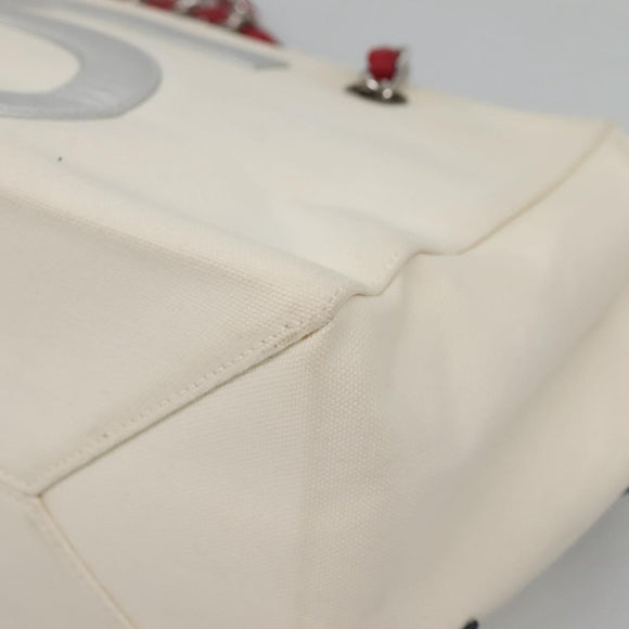 CHANEL Choco Bar Chain Tote Bag No5 Canvas White Silver CC Auth gh581