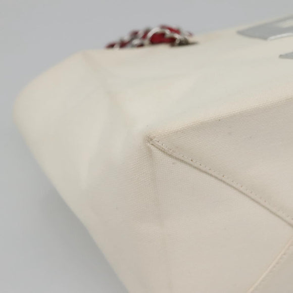 CHANEL Choco Bar Chain Tote Bag No5 Canvas White Silver CC Auth gh581