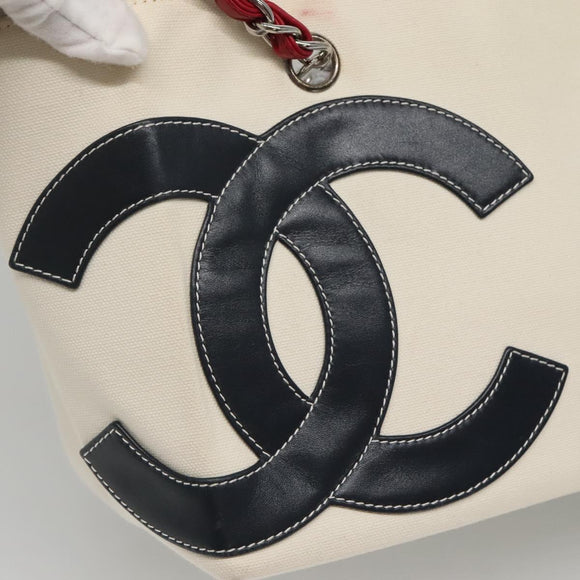 CHANEL Choco Bar Chain Tote Bag No5 Canvas White Silver CC Auth gh581