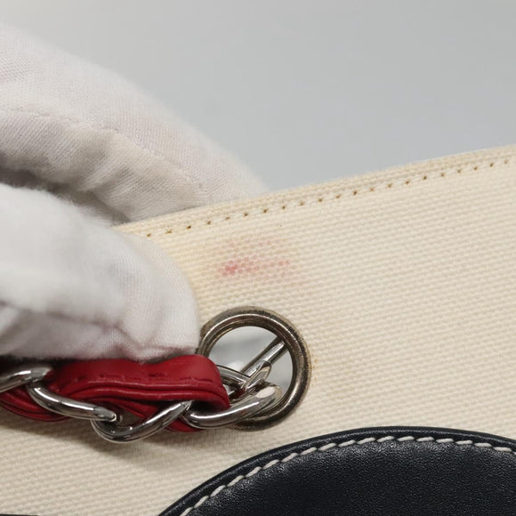 CHANEL Choco Bar Chain Tote Bag No5 Canvas White Silver CC Auth gh581