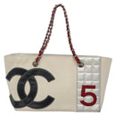 CHANEL Choco Bar Chain Tote Bag No5 Canvas White Silver CC Auth gh581-2