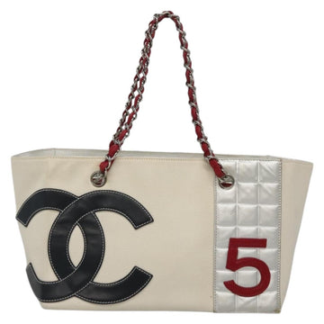 CHANEL Choco Bar Chain Tote Bag No5 Canvas White Silver CC Auth gh581 - 0