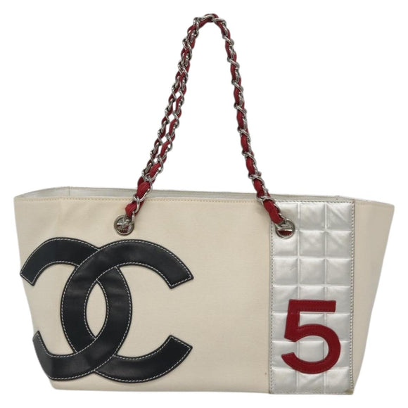 CHANEL Choco Bar Chain Tote Bag No5 Canvas White Silver CC Auth gh581