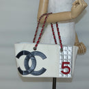 CHANEL Choco Bar Chain Tote Bag No5 Canvas White Silver CC Auth gh581-24