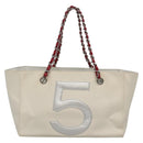 CHANEL Choco Bar Chain Tote Bag No5 Canvas White Silver CC Auth gh581-3