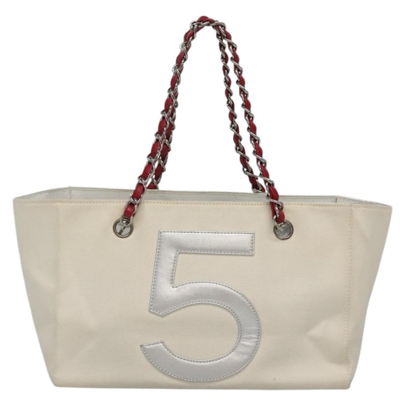 CHANEL Choco Bar Chain Tote Bag No5 Canvas White Silver CC Auth gh581