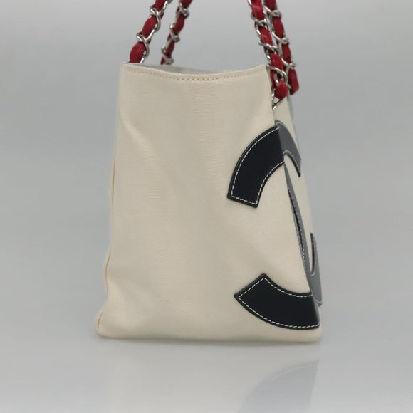 CHANEL Choco Bar Chain Tote Bag No5 Canvas White Silver CC Auth gh581