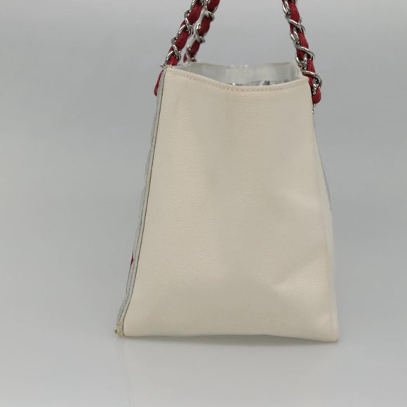CHANEL Choco Bar Chain Tote Bag No5 Canvas White Silver CC Auth gh581