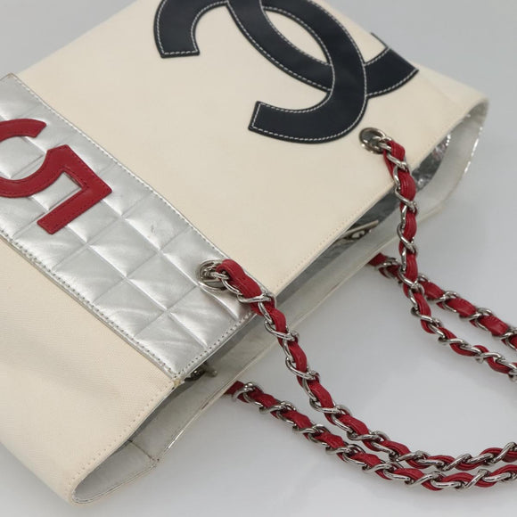 CHANEL Choco Bar Chain Tote Bag No5 Canvas White Silver CC Auth gh581