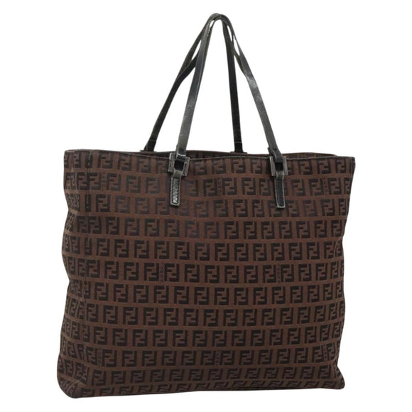 FENDI Zucchino Canvas Tote Bag Brown Silver Auth gh605