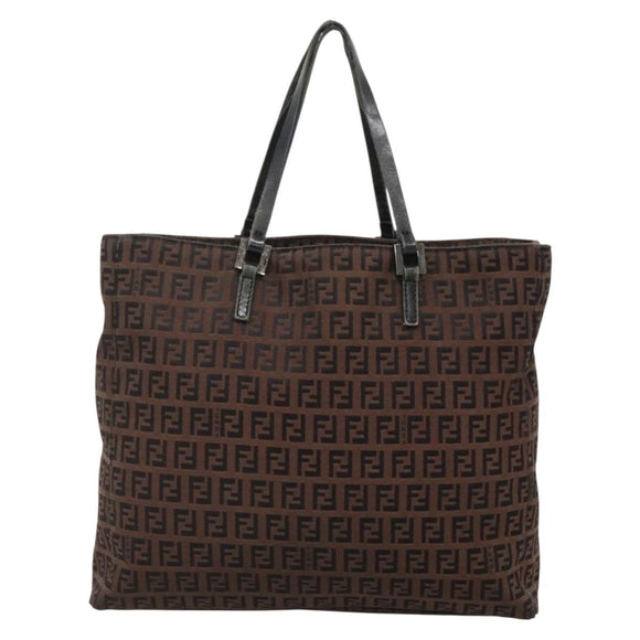 FENDI Zucchino Canvas Tote Bag Brown Silver Auth gh605