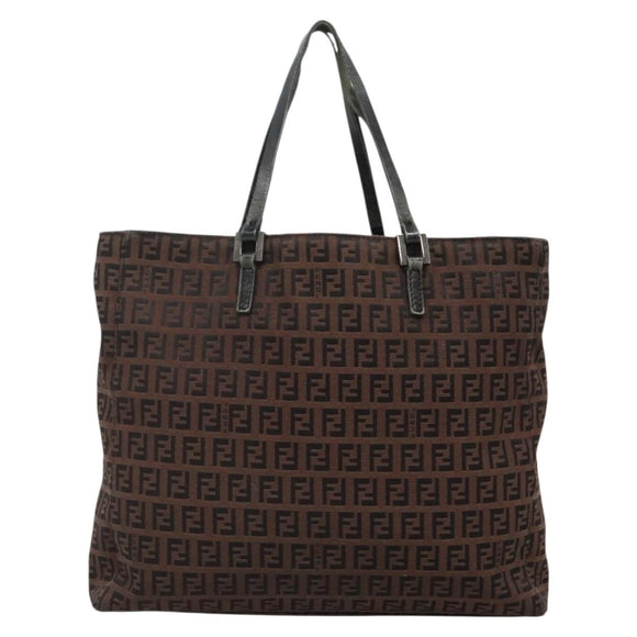 FENDI Zucchino Canvas Tote Bag Brown Silver Auth gh605