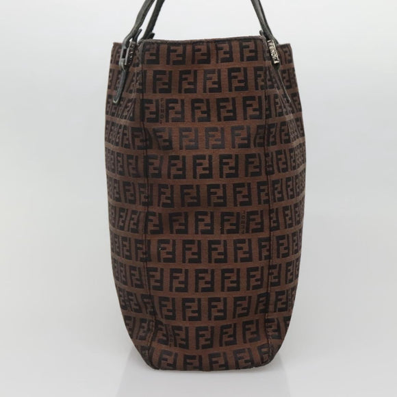 FENDI Zucchino Canvas Tote Bag Brown Silver Auth gh605