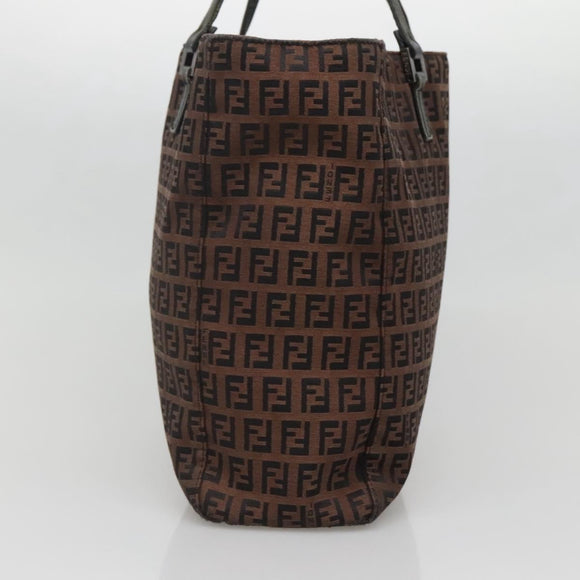 FENDI Zucchino Canvas Tote Bag Brown Silver Auth gh605
