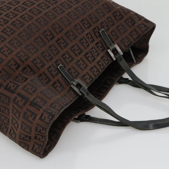 FENDI Zucchino Canvas Tote Bag Brown Silver Auth gh605