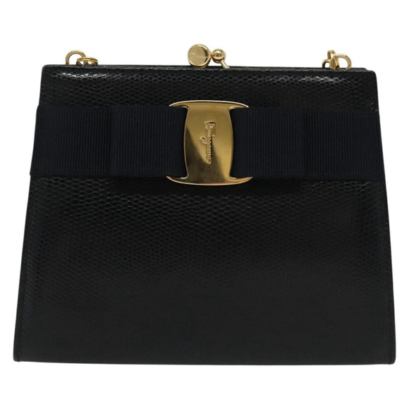 Salvatore Ferragamo Vala Chain Shoulder Bag Leather Navy Gold Auth gh620