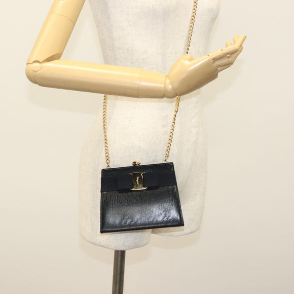 Salvatore Ferragamo Vala Chain Shoulder Bag Leather Navy Gold Auth gh620