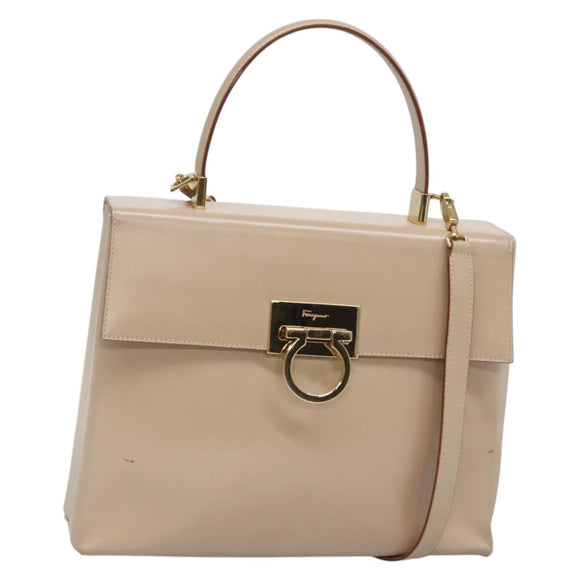 Salvatore Ferragamo Gancini Hand Bag Leather 2way Beige Gold Auth gh629