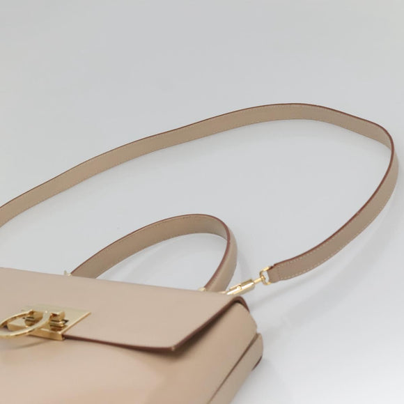 Salvatore Ferragamo Gancini Hand Bag Leather 2way Beige Gold Auth gh629