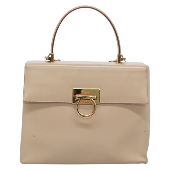 Salvatore Ferragamo Gancini Hand Bag Leather 2way Beige Gold Auth gh629