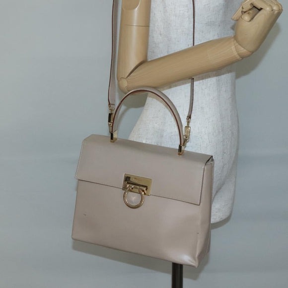 Salvatore Ferragamo Gancini Hand Bag Leather 2way Beige Gold Auth gh629