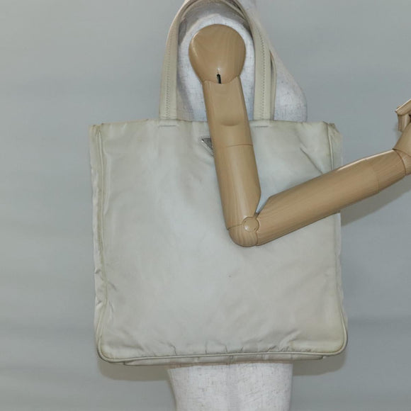 PRADA Tote Bag Nylon Beige Silver Auth gh666