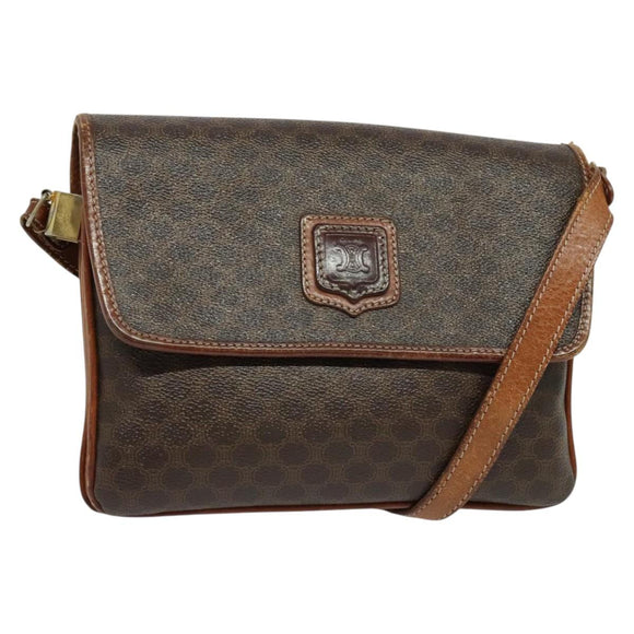 CELINE Macadam Canvas Shoulder Bag PVC Leather Brown Gold Auth gh672