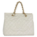 CHANEL COCO Mark Chain Hand Bag Caviar Skin White Gold CC Auth gh687-1